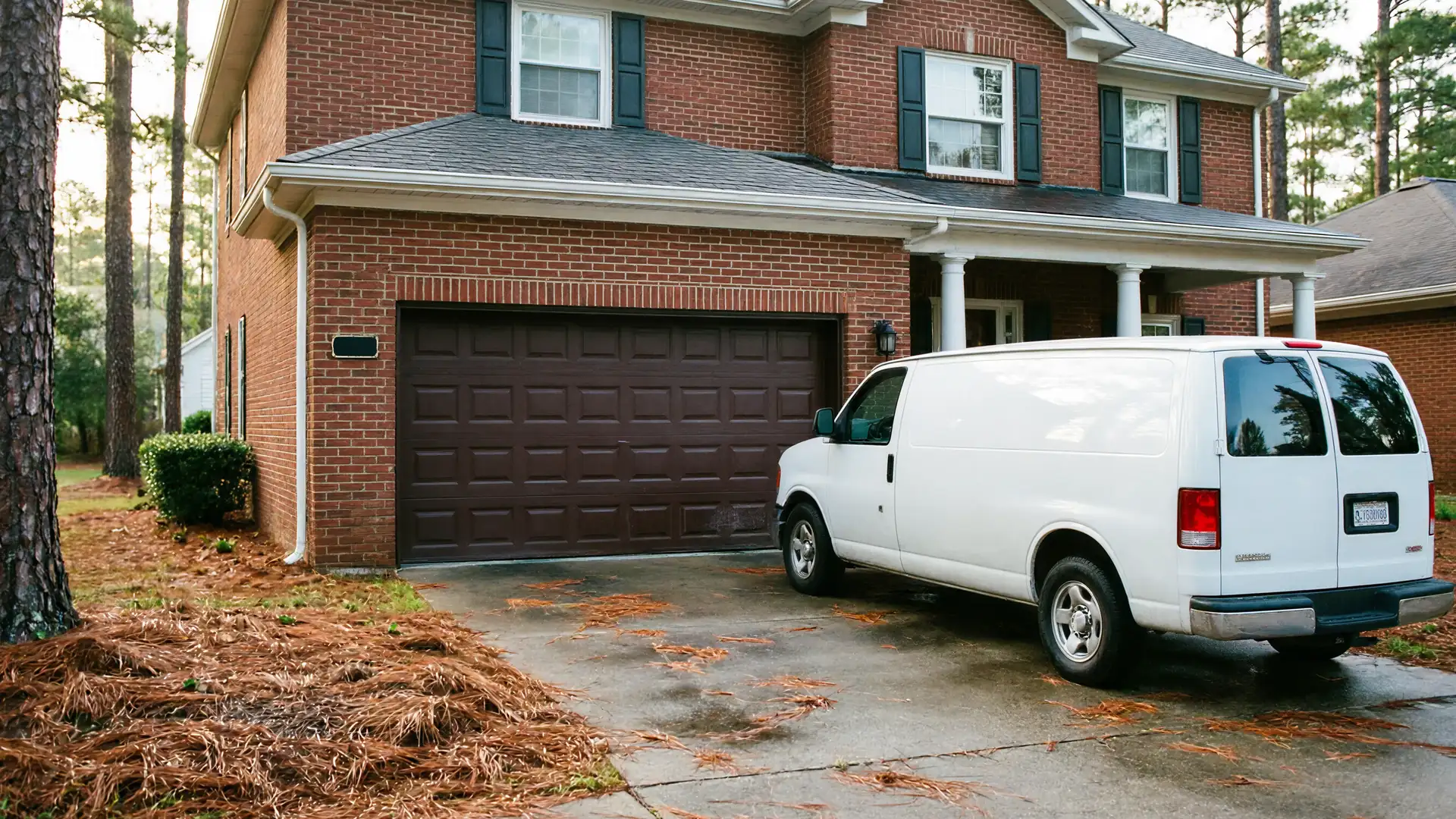 A white van is parked in the driveway of a brick house with a brown garage door.