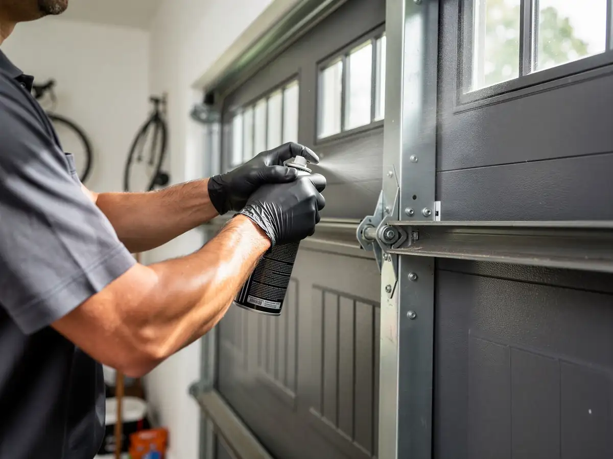 A technician sprays lubricant on a garage door roller and track.
